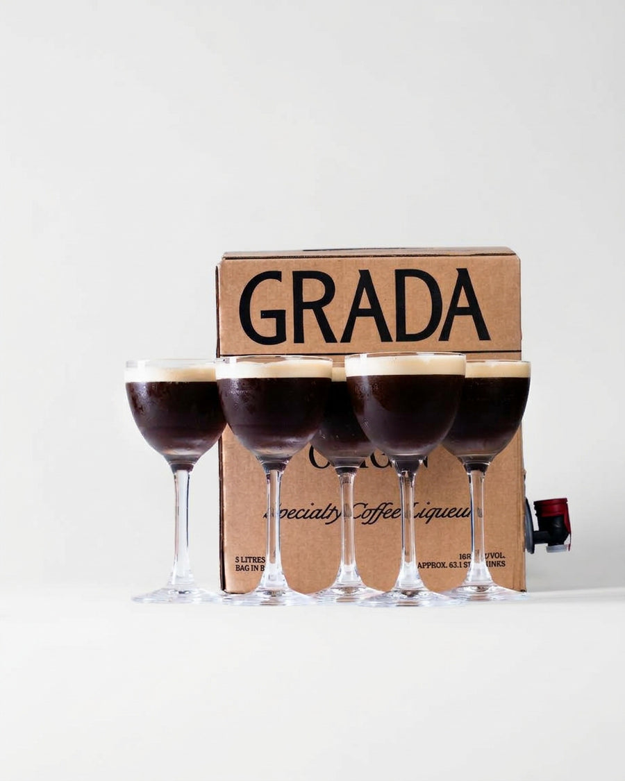 GRADA 01 Single Origin 5L bag-in-box with five espresso martinis in Nick & Nora glasses