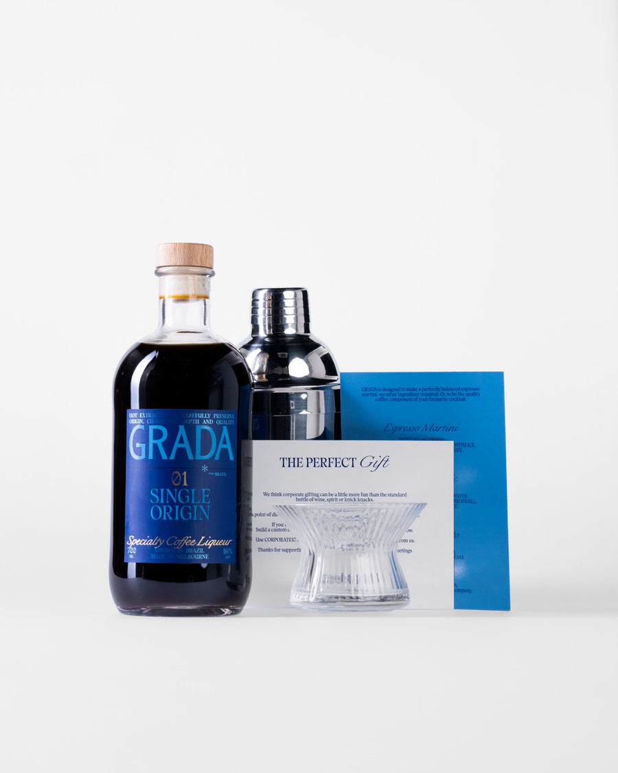 GRADA Gift Box 01 contents: 01 Single Origin, cocktail shaker, Japanese coupe and recipe card