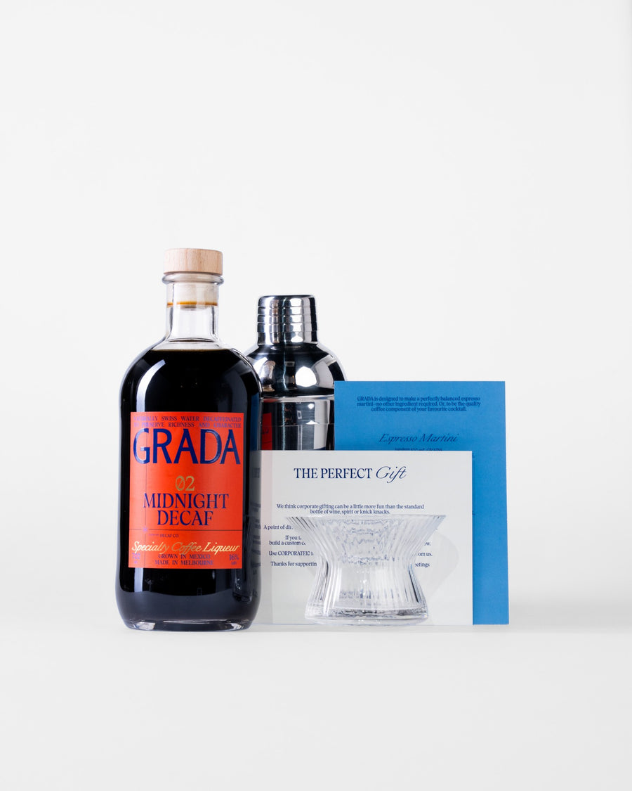 GRADA Gift Box 02 contents: 02 Midnight Decaf, cocktail shaker, Japanese coupe and recipe card