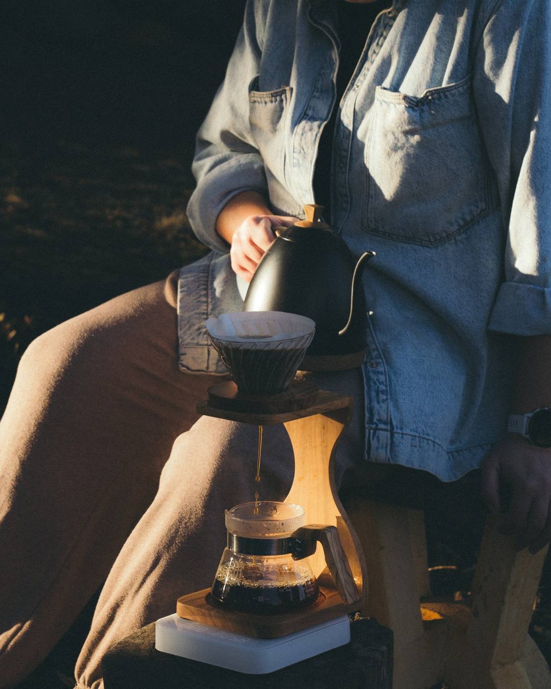 A pour-over brewed by hand in the morning light